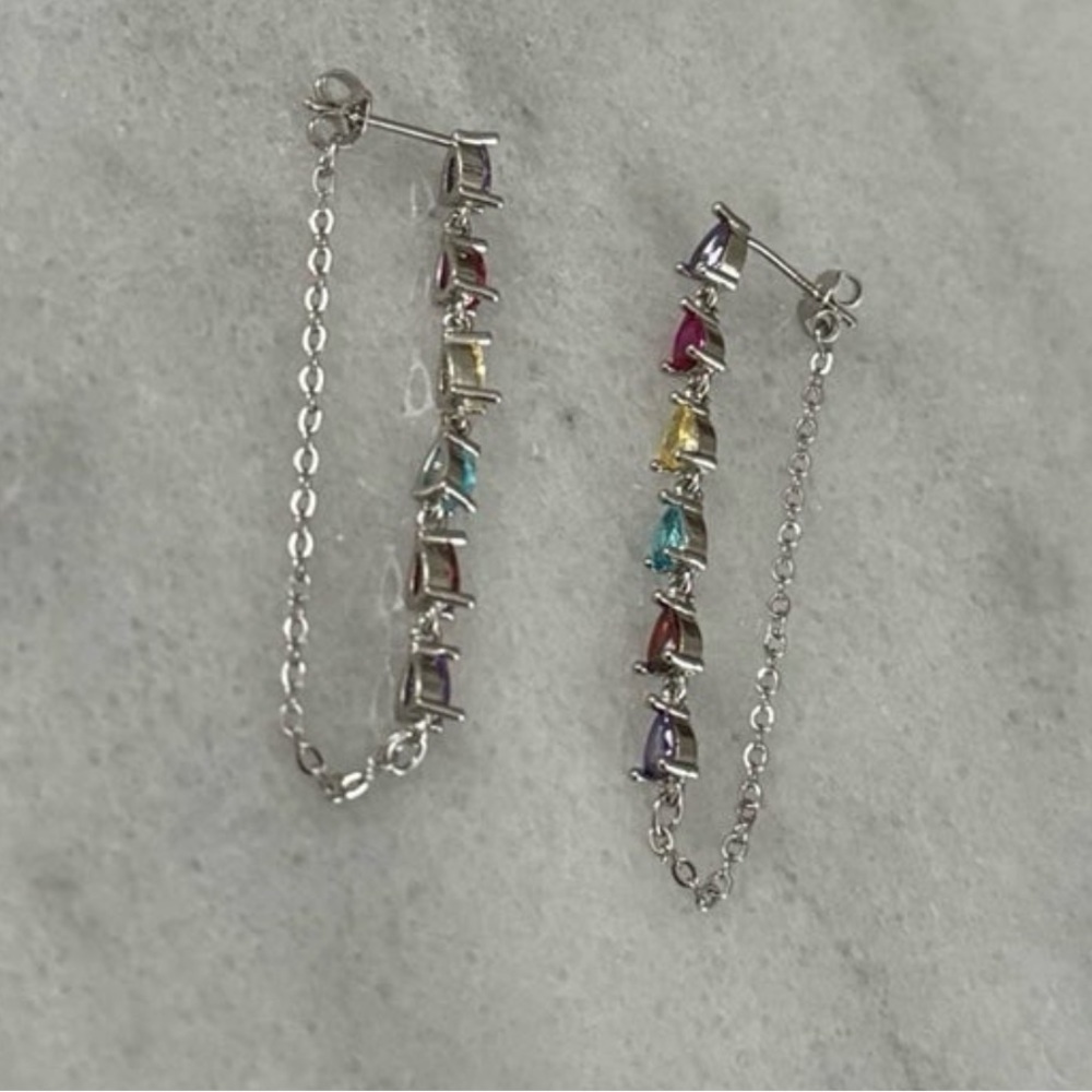 Sterling Silver Rainbow Tear Drop Chain Dangle Earrings - Picture 2 of 4